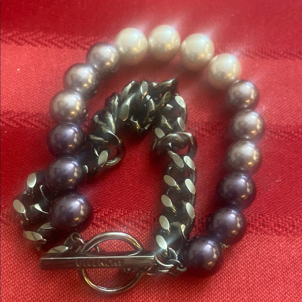 GIVENCHY Gunmetal & Fat Glass Pearls 3 Strand Tennis Bracelet